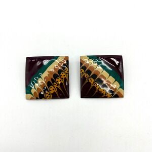 Vintage‎ Enamel Square Post Earrings Abstract Design Statement earth tone